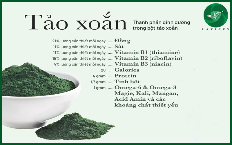 Bột tảo xoắn Spirulina Lavigen làm từ 100% bột tảo nguyên chất có hàm lượng dinh dưỡng cao